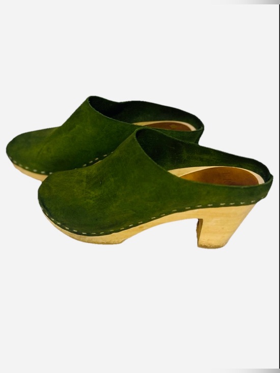 Bryr Shoes - BRYR Green Suede Wooden Clogs Size 36 Handmade Leather Slip On Mules